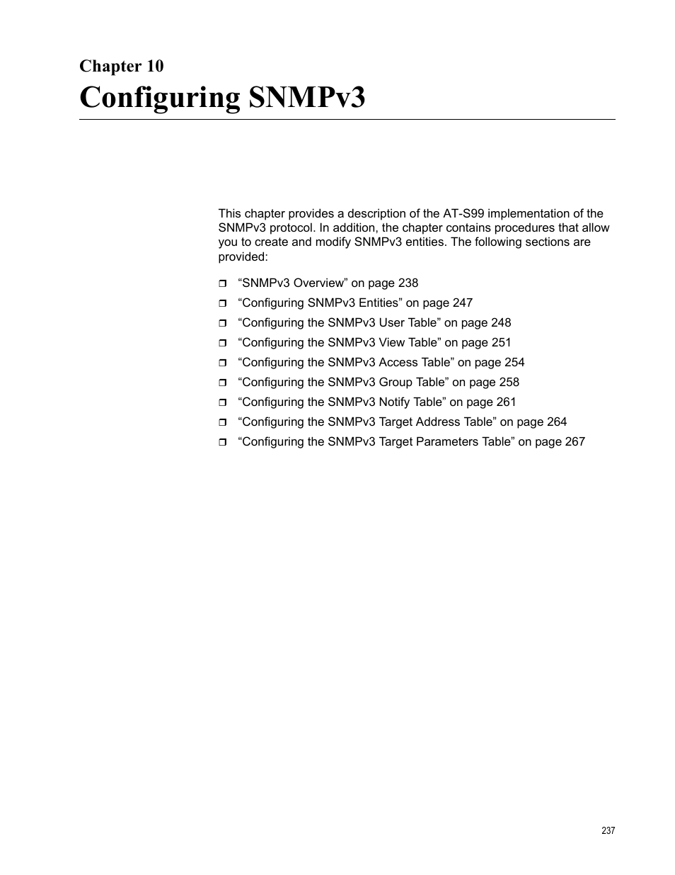 Chapter 10, Configuring snmpv3 | Allied Telesis AT-S99 User Manual | Page 237 / 320