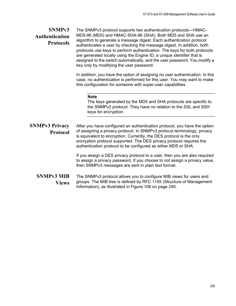Snmpv3 authentication protocols, Snmpv3 privacy protocol, Snmpv3 mib views | Allied Telesis AT-S99 User Manual | Page 239 / 320