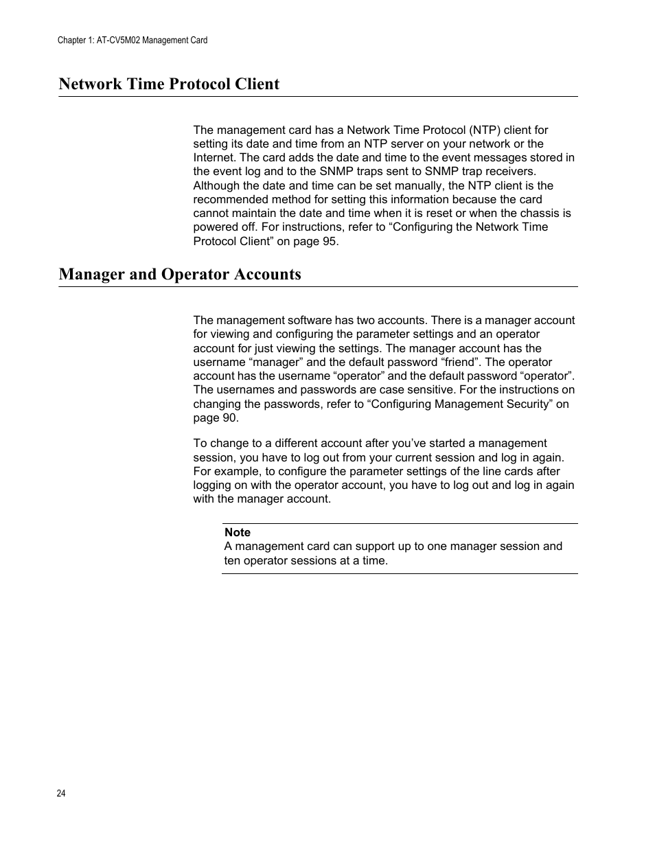 Network time protocol client, Manager and operator accounts | Allied Telesis AT-S99 User Manual | Page 24 / 320
