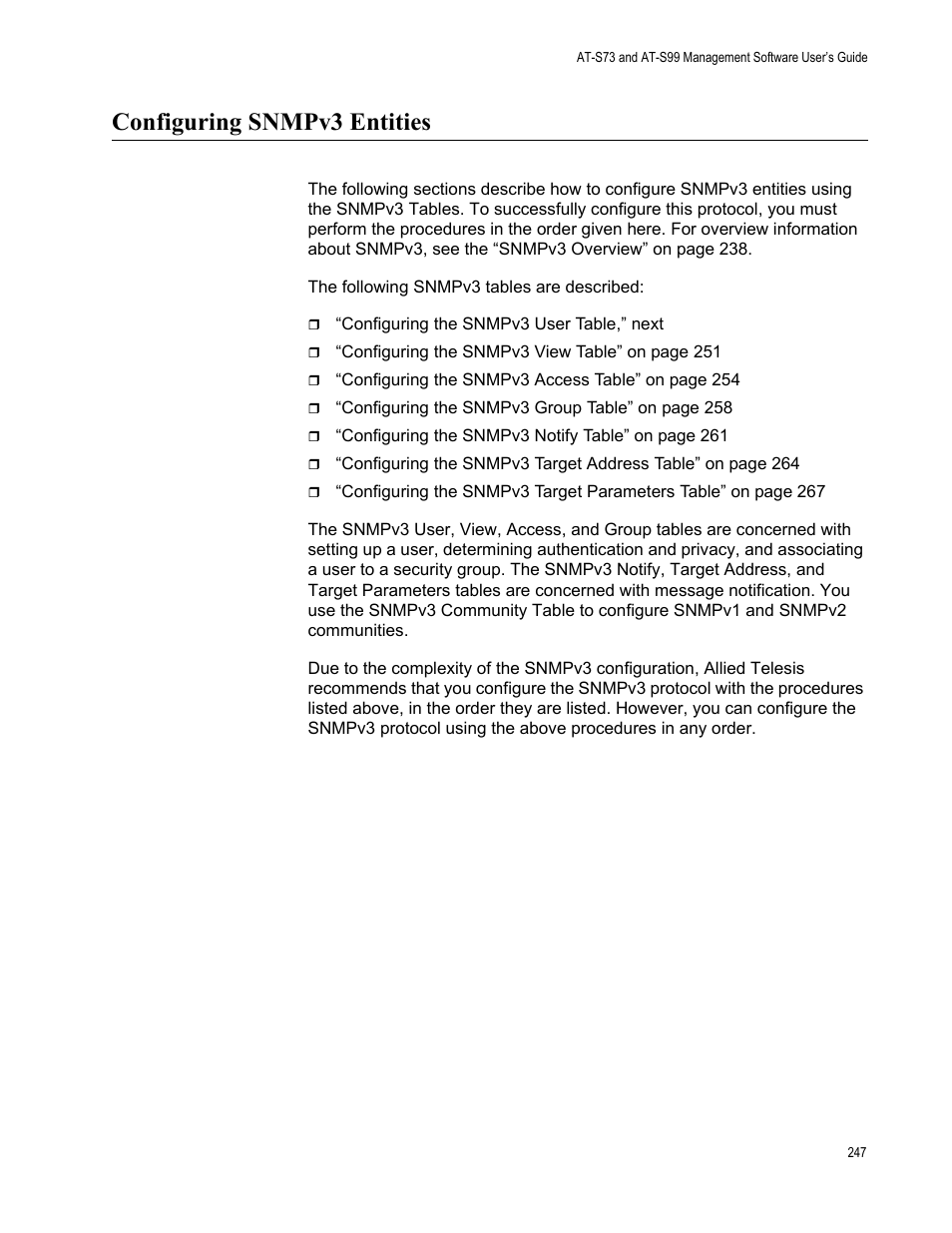 Configuring snmpv3 entities | Allied Telesis AT-S99 User Manual | Page 247 / 320