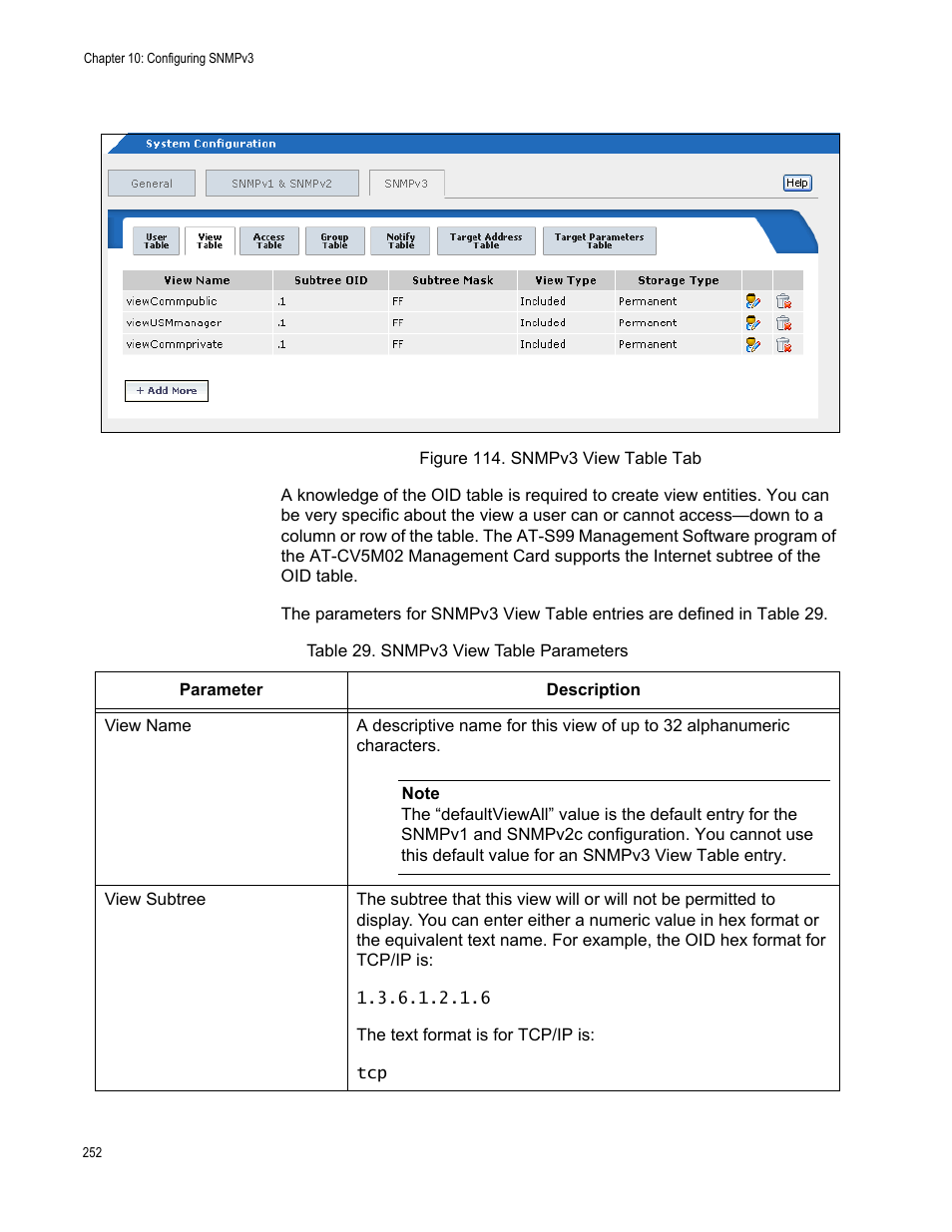 Figure 115. snmpv3 view table tab, Table 30. snmpv3 view table parameters | Allied Telesis AT-S99 User Manual | Page 252 / 320