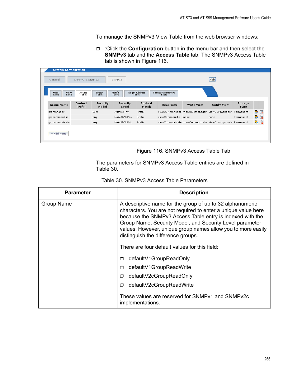 Figure 117. snmpv3 access table tab, Table 31. snmpv3 access table parameters | Allied Telesis AT-S99 User Manual | Page 255 / 320