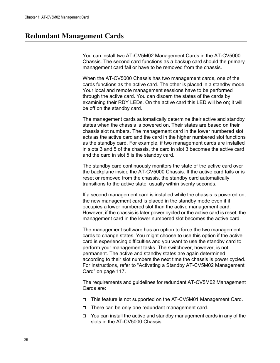 Redundant management cards | Allied Telesis AT-S99 User Manual | Page 26 / 320