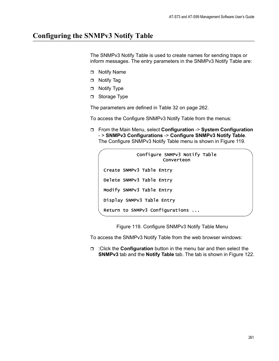 Configuring the snmpv3 notify table, Figure 120. configure snmpv3 notify table menu | Allied Telesis AT-S99 User Manual | Page 261 / 320