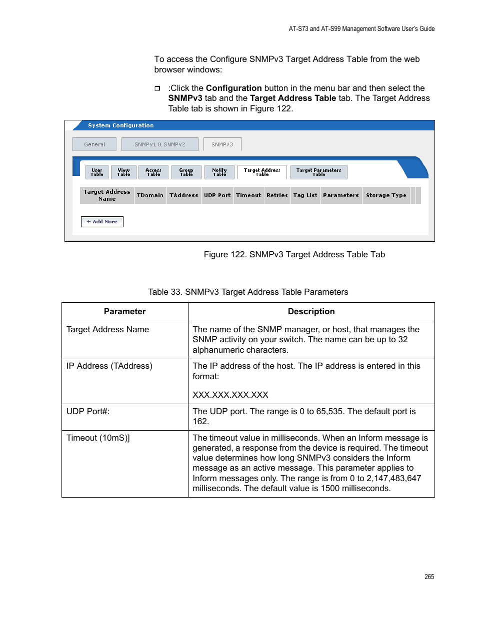 Figure 123. snmpv3 target address table tab, Table 34. snmpv3 target address table parameters | Allied Telesis AT-S99 User Manual | Page 265 / 320