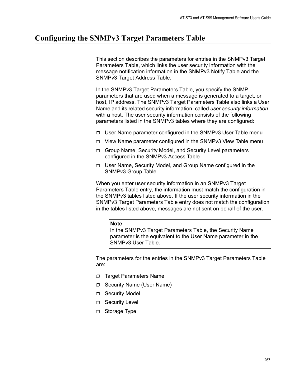 Configuring the snmpv3 target parameters table | Allied Telesis AT-S99 User Manual | Page 267 / 320