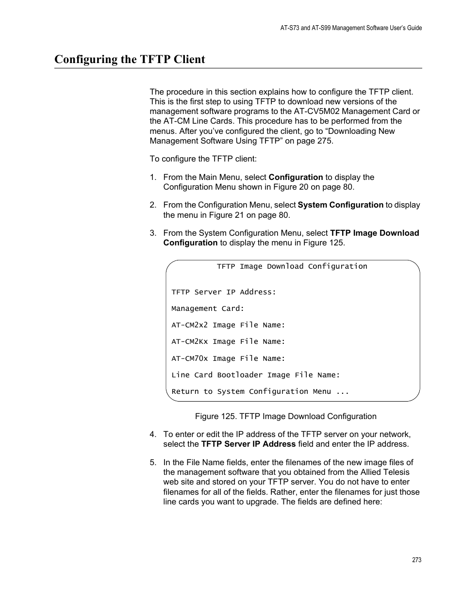 Configuring the tftp client, Figure 126. tftp image download configuration | Allied Telesis AT-S99 User Manual | Page 273 / 320