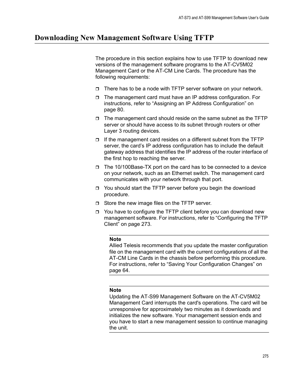Downloading new management software using tftp | Allied Telesis AT-S99 User Manual | Page 275 / 320