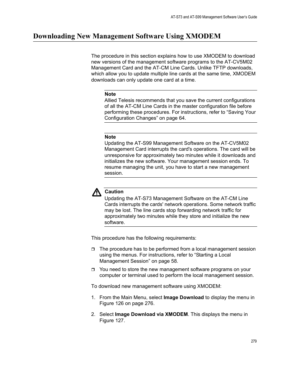 Downloading new management software using xmodem | Allied Telesis AT-S99 User Manual | Page 279 / 320