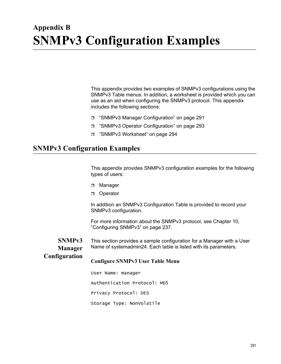 Appendix b, Snmpv3 configuration examples, Snmpv3 manager configuration | Appendix b: snmpv3 configuration examples | Allied Telesis AT-S99 User Manual | Page 291 / 320