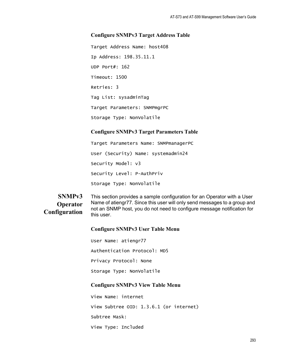 Snmpv3 operator configuration | Allied Telesis AT-S99 User Manual | Page 293 / 320