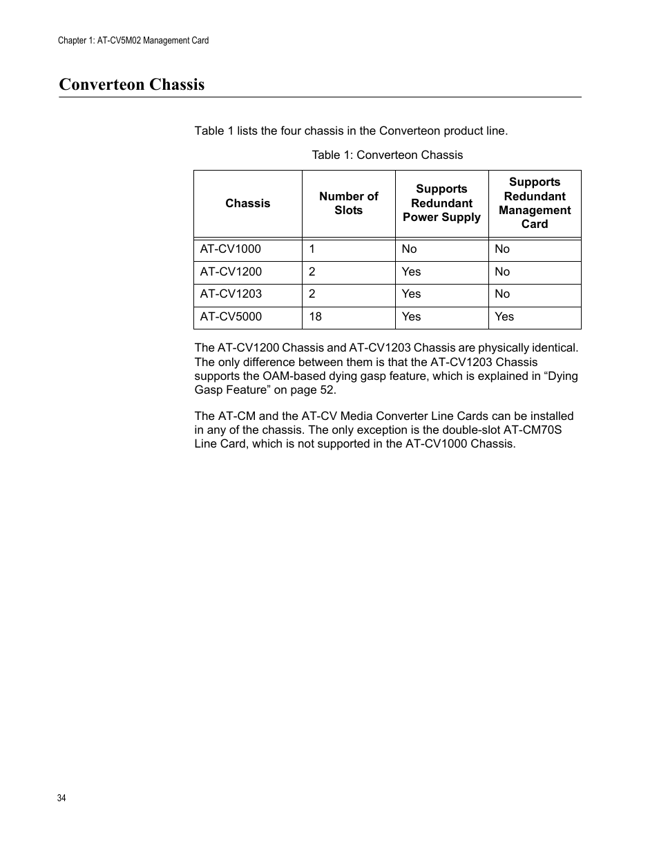 Converteon chassis, Table 1. converteon chassis | Allied Telesis AT-S99 User Manual | Page 34 / 320