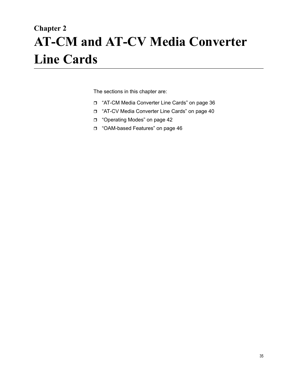Chapter 2, At-cm and at-cv media converter line cards | Allied Telesis AT-S99 User Manual | Page 35 / 320