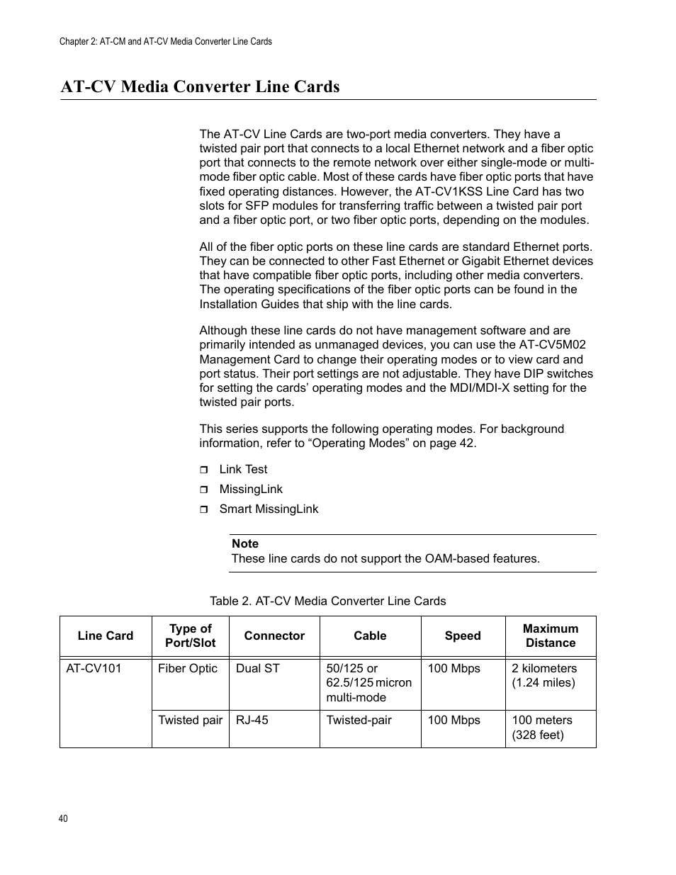 At-cv media converter line cards, Table 3. at-cv media converter line cards | Allied Telesis AT-S99 User Manual | Page 40 / 320