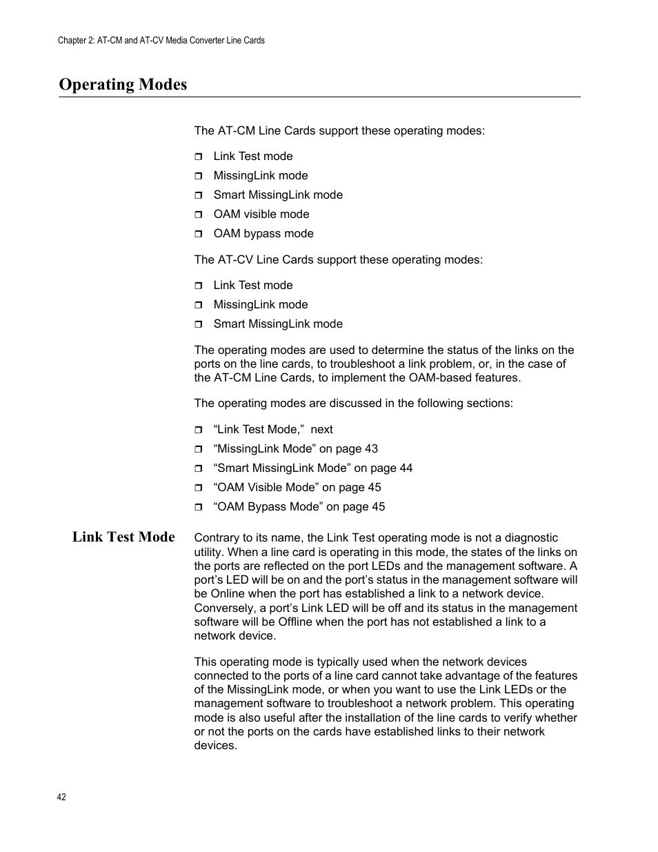 Operating modes, Link test mode | Allied Telesis AT-S99 User Manual | Page 42 / 320