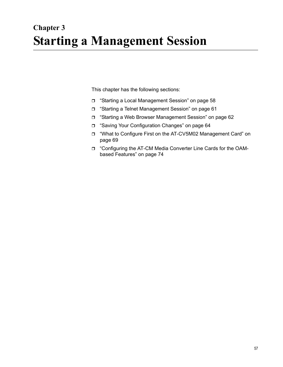Chapter 3, Starting a management session | Allied Telesis AT-S99 User Manual | Page 57 / 320