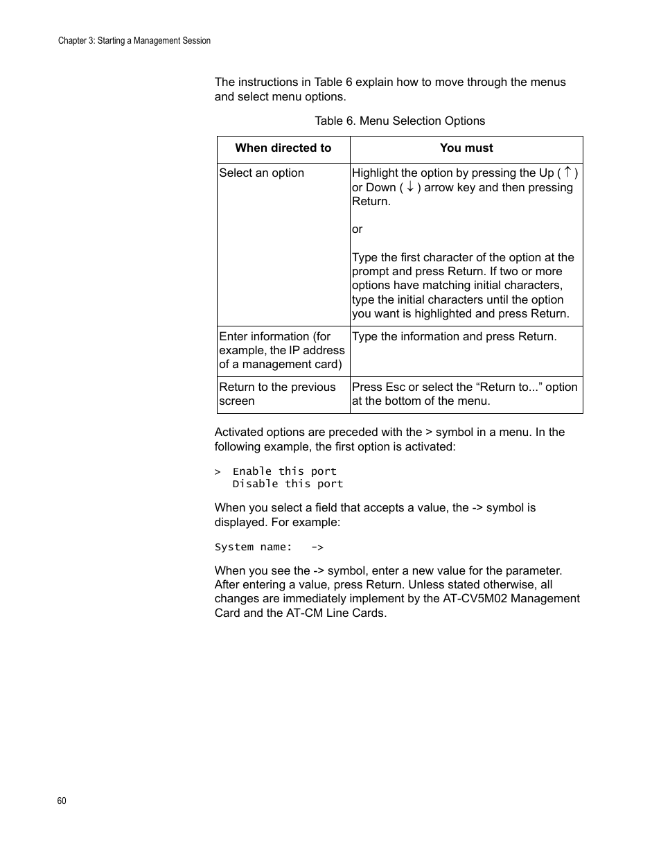Table 7. menu selection options | Allied Telesis AT-S99 User Manual | Page 60 / 320