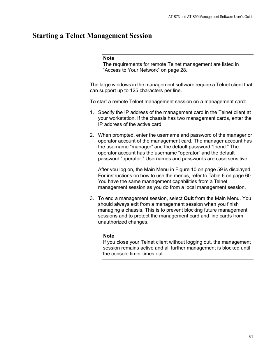Starting a telnet management session | Allied Telesis AT-S99 User Manual | Page 61 / 320
