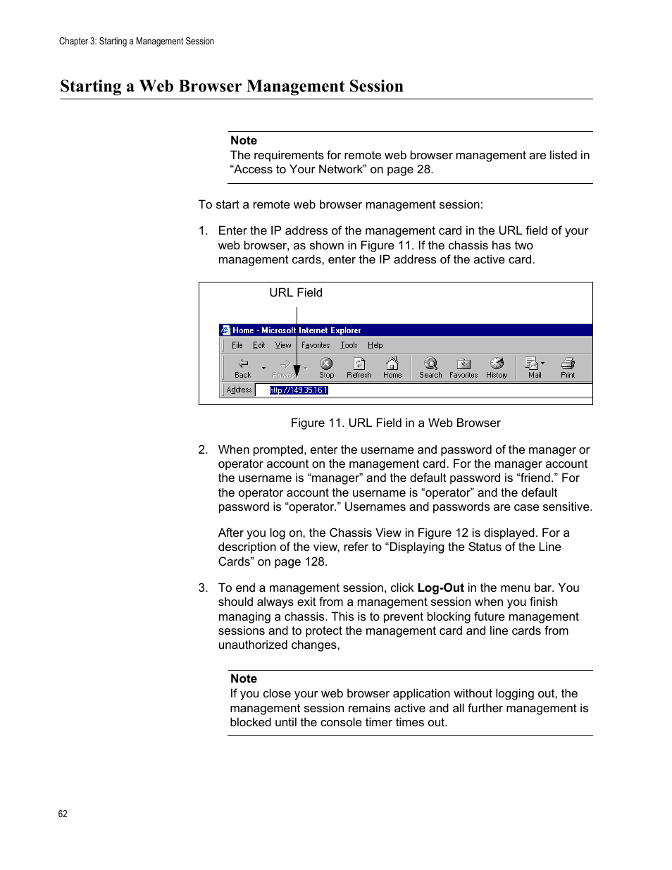 Starting a web browser management session, Figure 12. url field in a web browser | Allied Telesis AT-S99 User Manual | Page 62 / 320