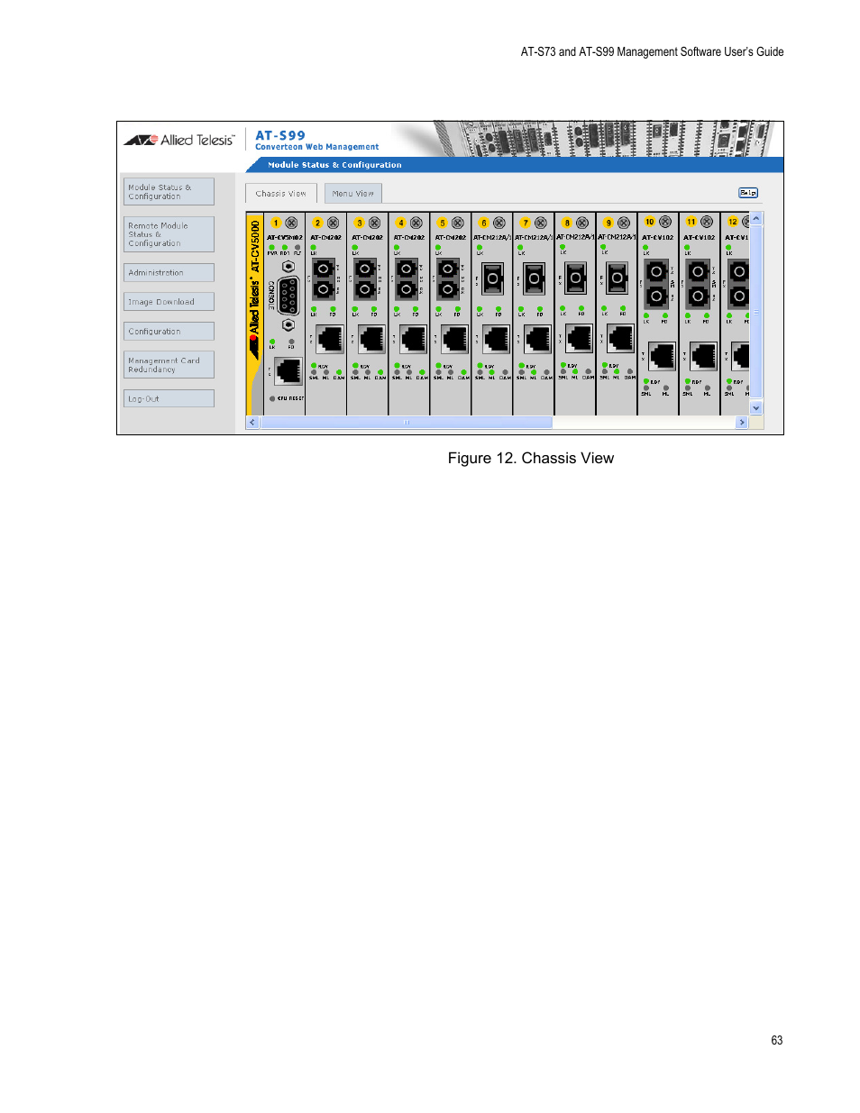 Figure 13. chassis view, Figure 12 is displayed | Allied Telesis AT-S99 User Manual | Page 63 / 320
