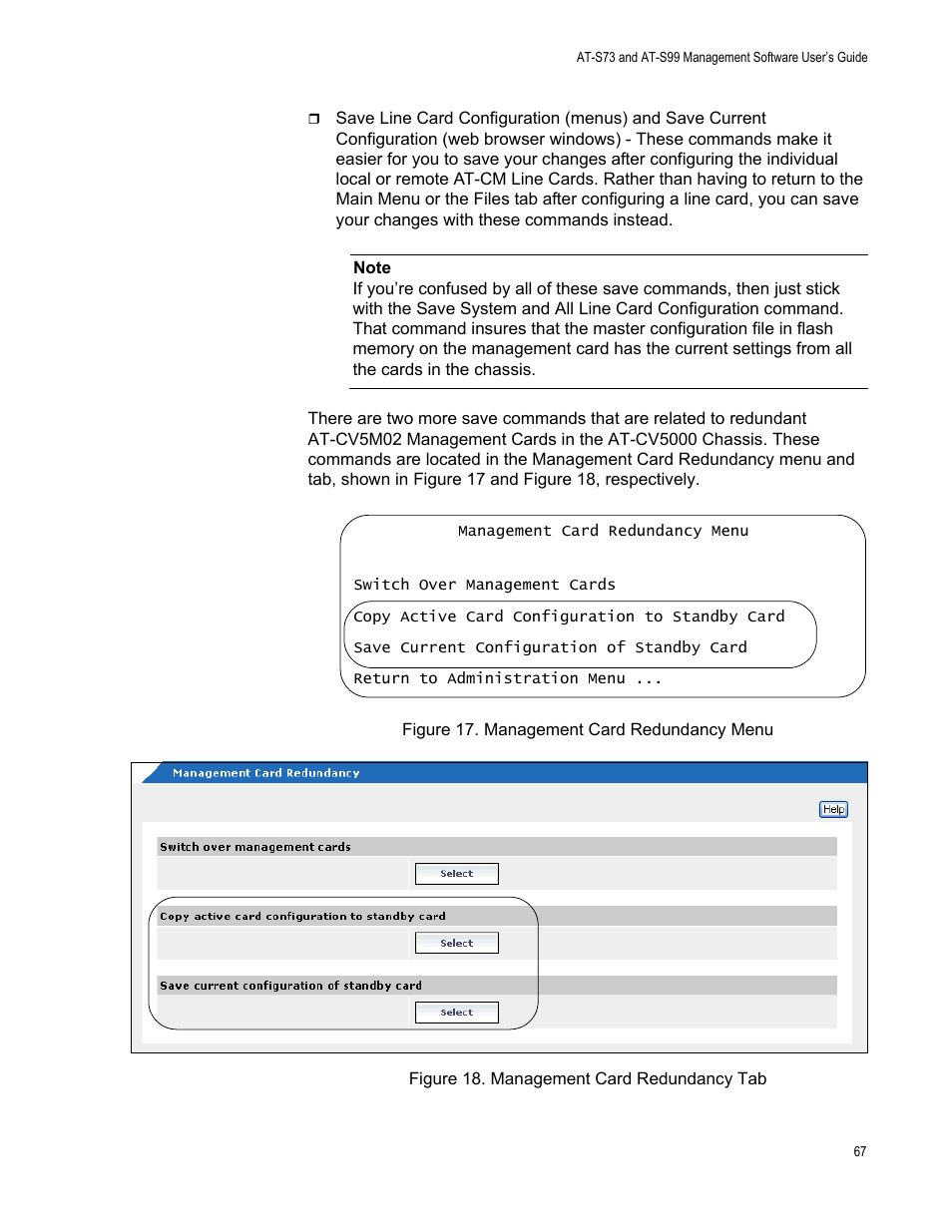 Management card redundancy menu, Figure 19. management card redundancy tab | Allied Telesis AT-S99 User Manual | Page 67 / 320