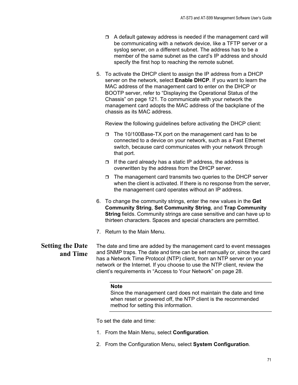 Setting the date and time | Allied Telesis AT-S99 User Manual | Page 71 / 320