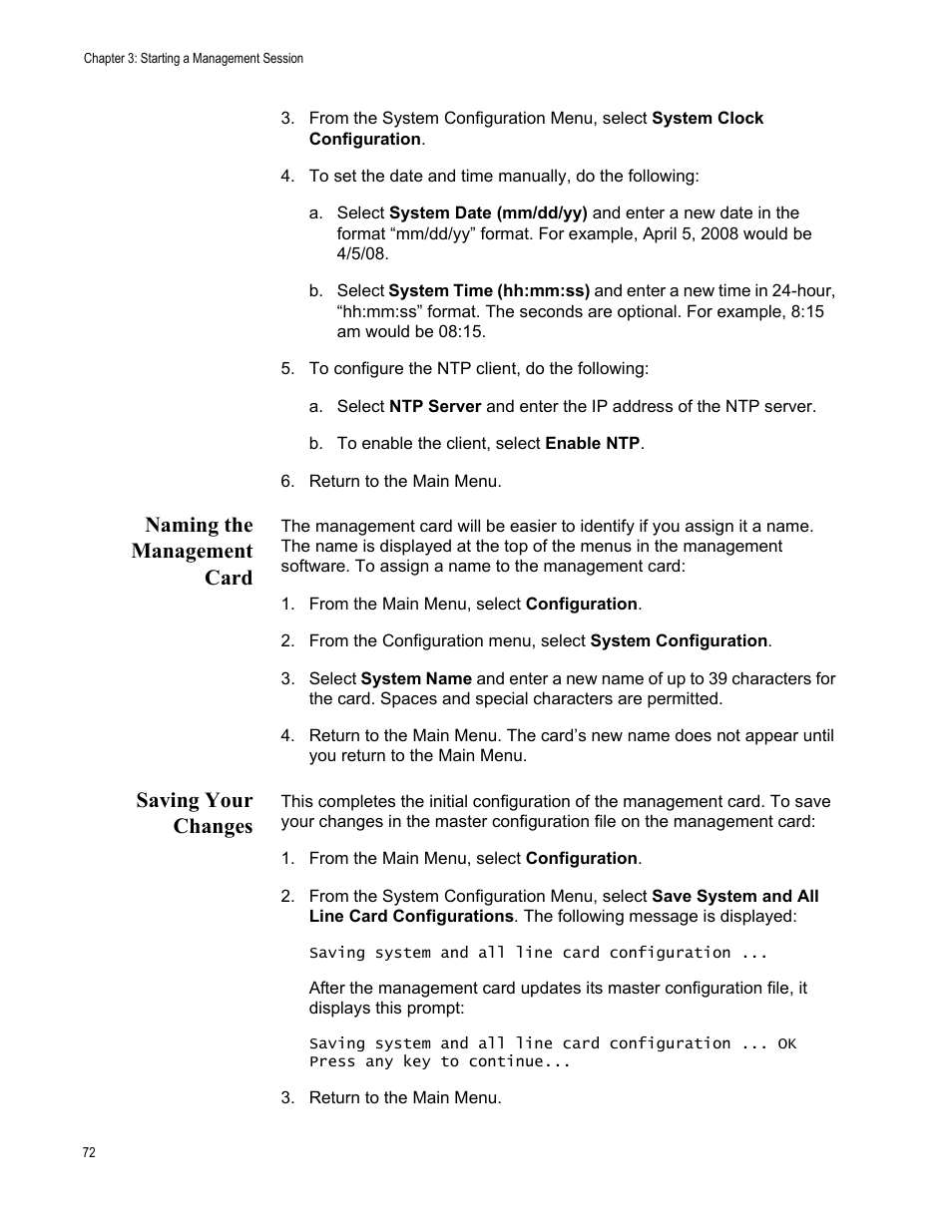 Naming the management card, Saving your changes, Naming the management card saving your changes | Allied Telesis AT-S99 User Manual | Page 72 / 320