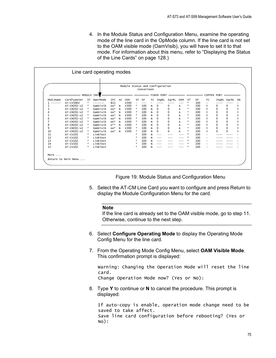 Figure 20. module status and configuration menu, Line card operating modes | Allied Telesis AT-S99 User Manual | Page 75 / 320