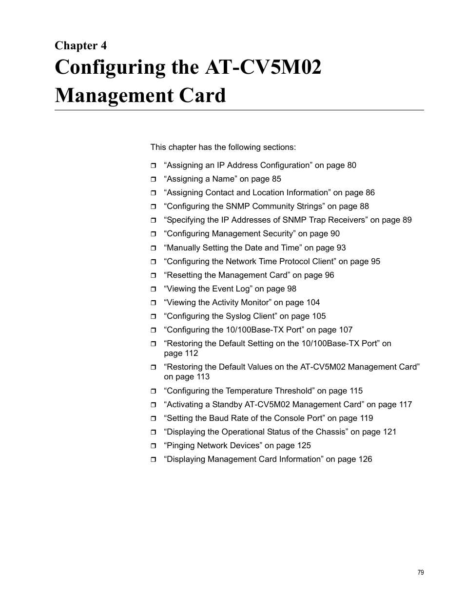 Chapter 4, Configuring the at-cv5m02 management card | Allied Telesis AT-S99 User Manual | Page 79 / 320