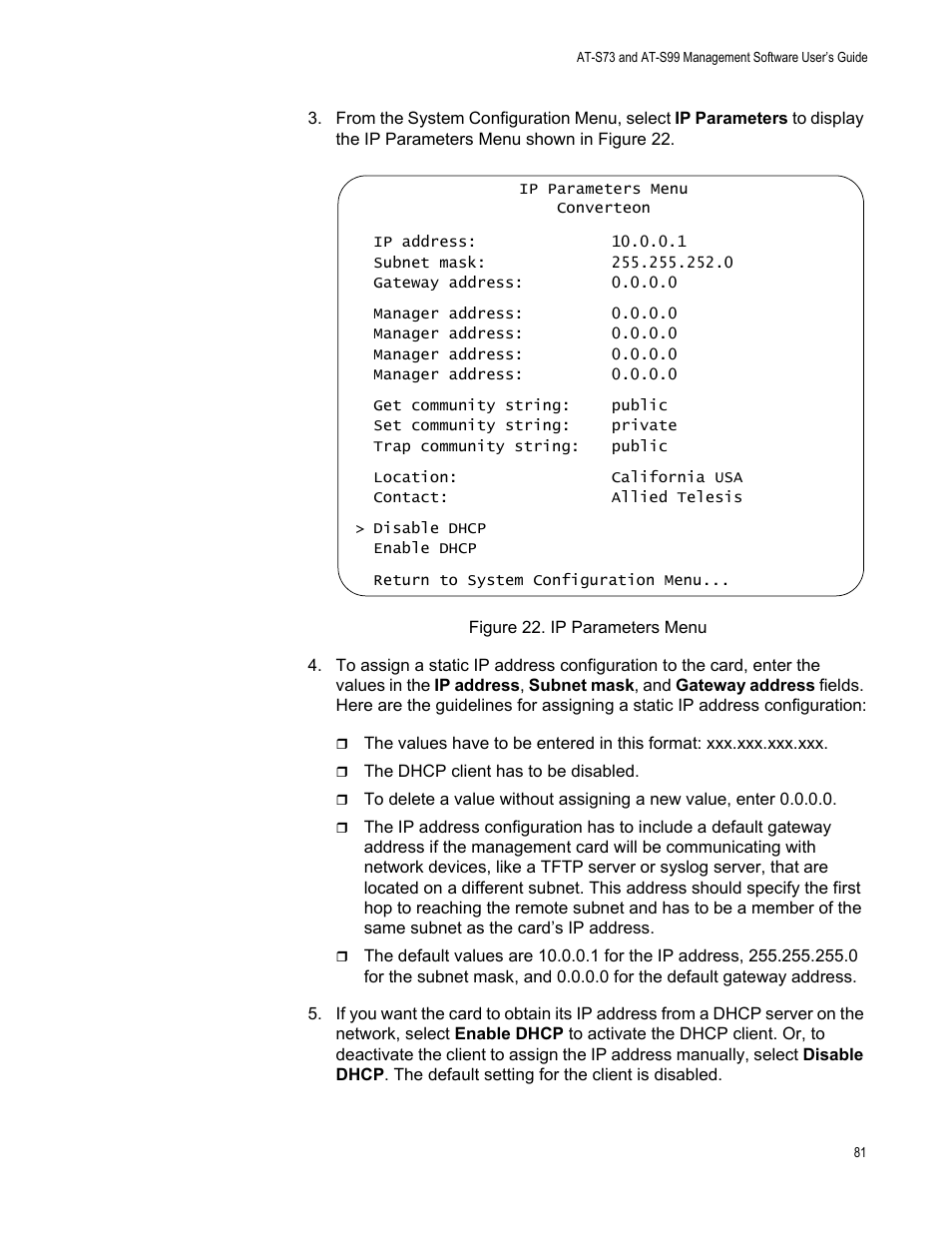 Figure 23. ip parameters menu | Allied Telesis AT-S99 User Manual | Page 81 / 320