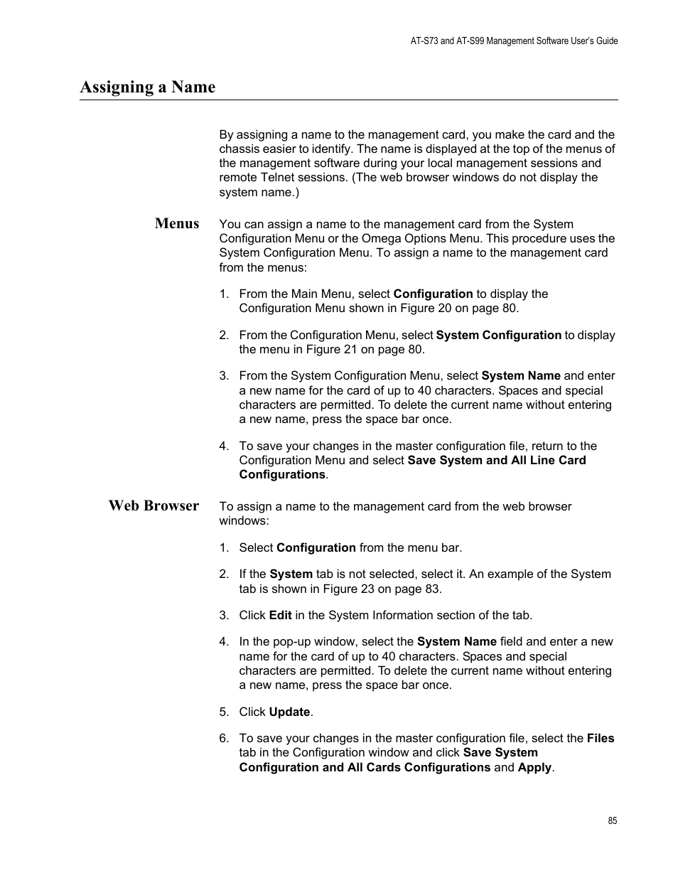 Assigning a name, Menus, Web browser | Menus web browser | Allied Telesis AT-S99 User Manual | Page 85 / 320