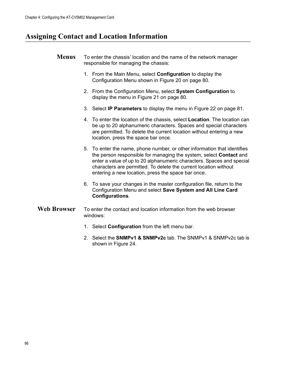 Assigning contact and location information, Menus, Web browser | Menus web browser | Allied Telesis AT-S99 User Manual | Page 86 / 320