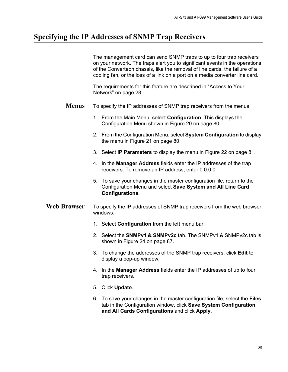 Specifying the ip addresses of snmp trap receivers, Menus, Web browser | Menus web browser | Allied Telesis AT-S99 User Manual | Page 89 / 320