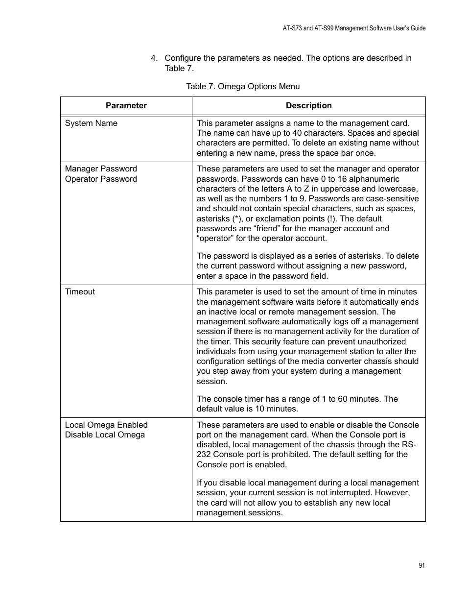 Table 8. omega options menu | Allied Telesis AT-S99 User Manual | Page 91 / 320