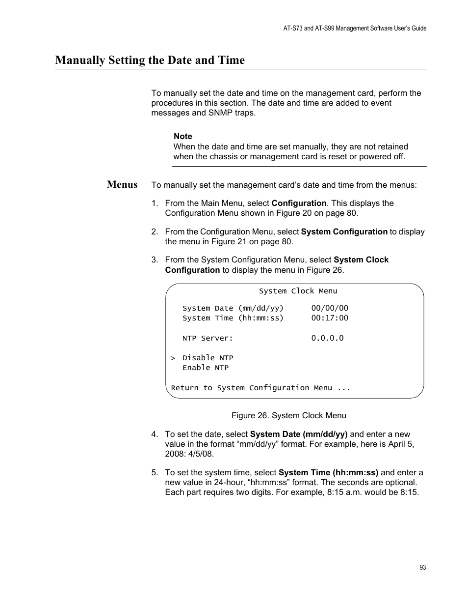 Manually setting the date and time, Menus, Figure 27. system clock menu | Allied Telesis AT-S99 User Manual | Page 93 / 320