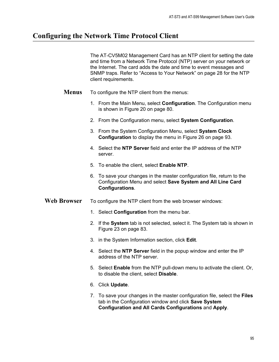 Configuring the network time protocol client, Menus, Web browser | Menus web browser | Allied Telesis AT-S99 User Manual | Page 95 / 320
