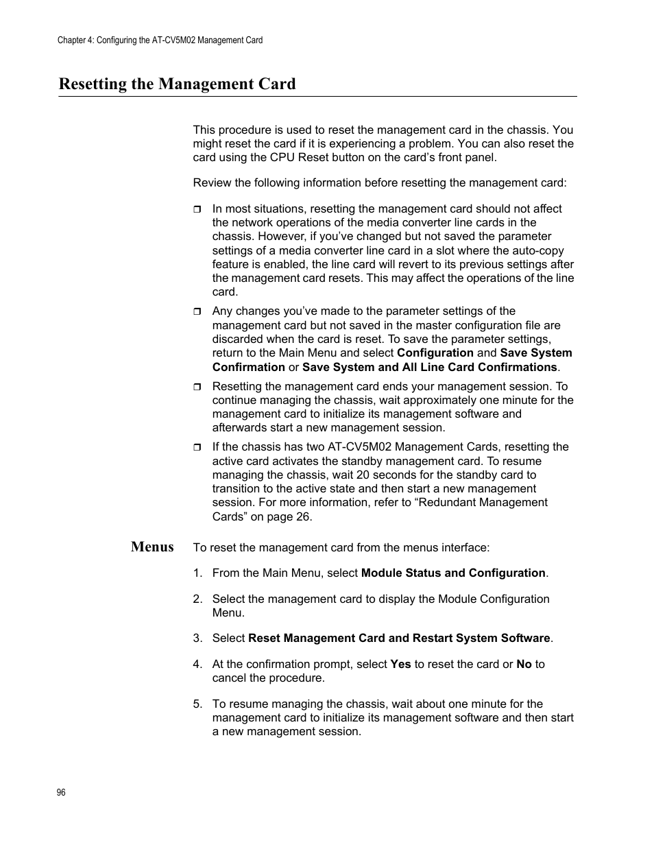 Resetting the management card, Menus | Allied Telesis AT-S99 User Manual | Page 96 / 320