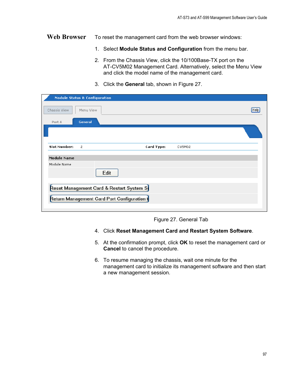 Web browser, Figure 28. general tab | Allied Telesis AT-S99 User Manual | Page 97 / 320
