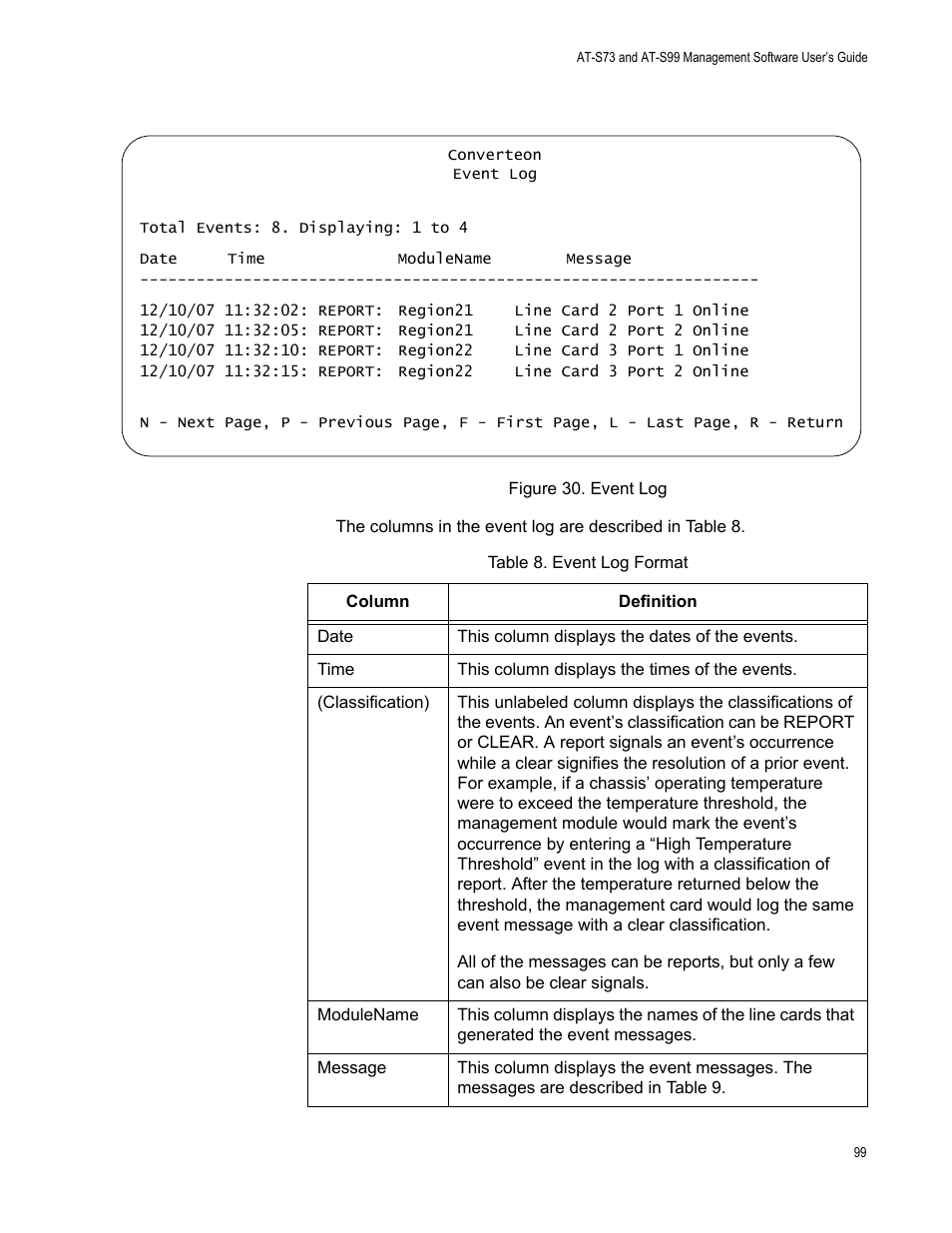 Figure 31. event log, Table 9. event log format, Is shown in figure 30. the messa | Allied Telesis AT-S99 User Manual | Page 99 / 320