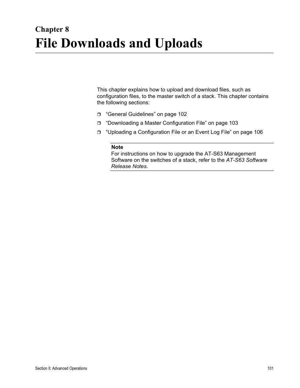 Chapter 8, File downloads and uploads, Chapter 8: file downloads and uploads | Allied Telesis AT-S63 User Manual | Page 101 / 246