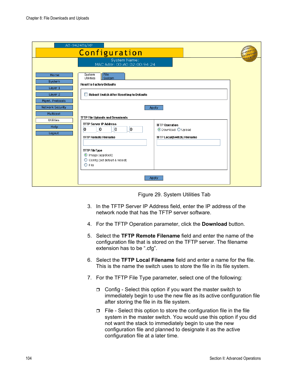 Figure 29: system utilities tab | Allied Telesis AT-S63 User Manual | Page 104 / 246