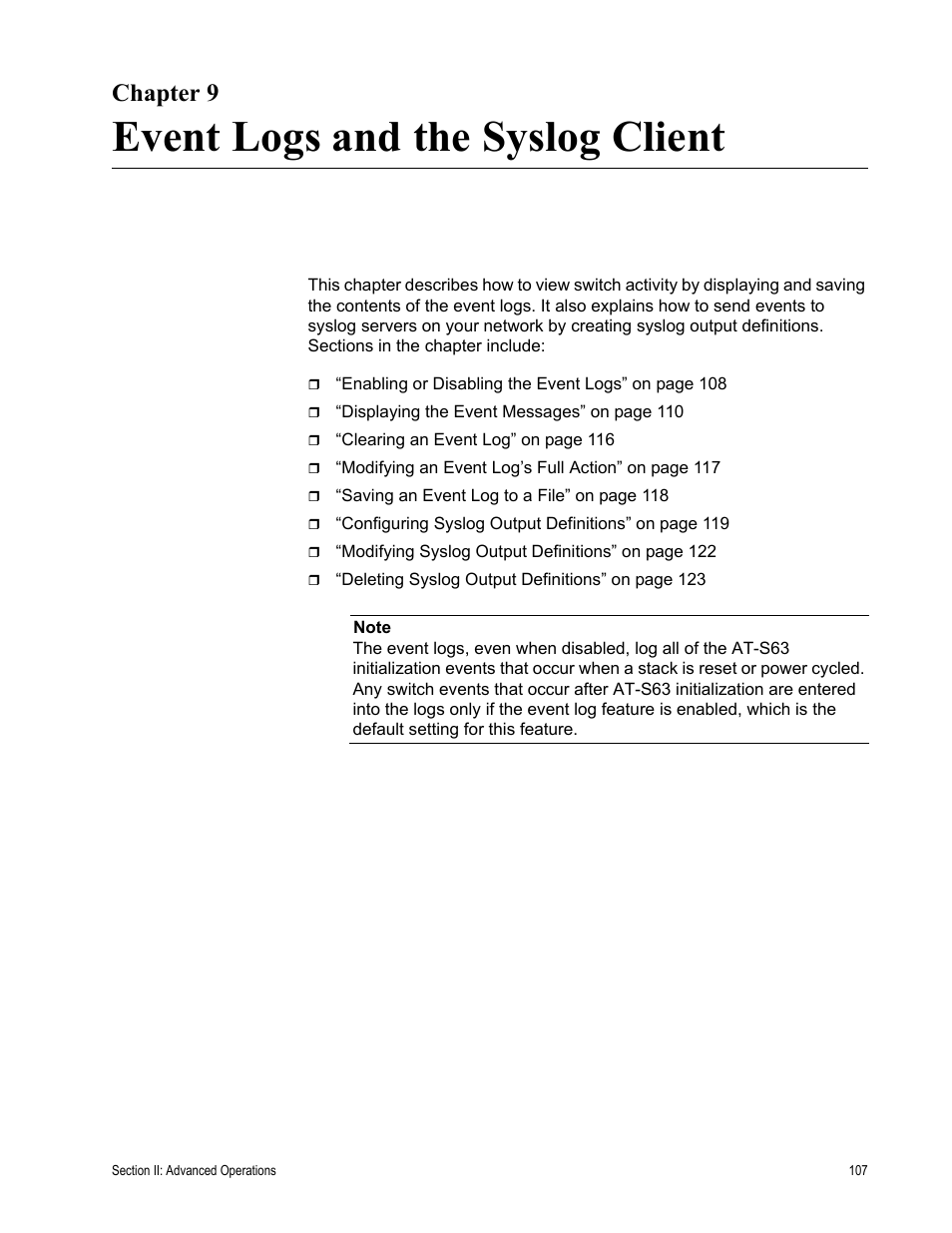 Chapter 9, Event logs and the syslog client, R 9: event logs and the syslog client | Allied Telesis AT-S63 User Manual | Page 107 / 246