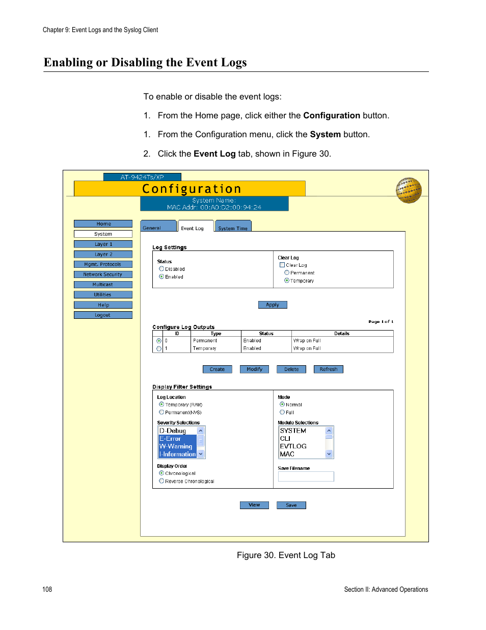 Enabling or disabling the event logs, Figure 30: event log tab | Allied Telesis AT-S63 User Manual | Page 108 / 246