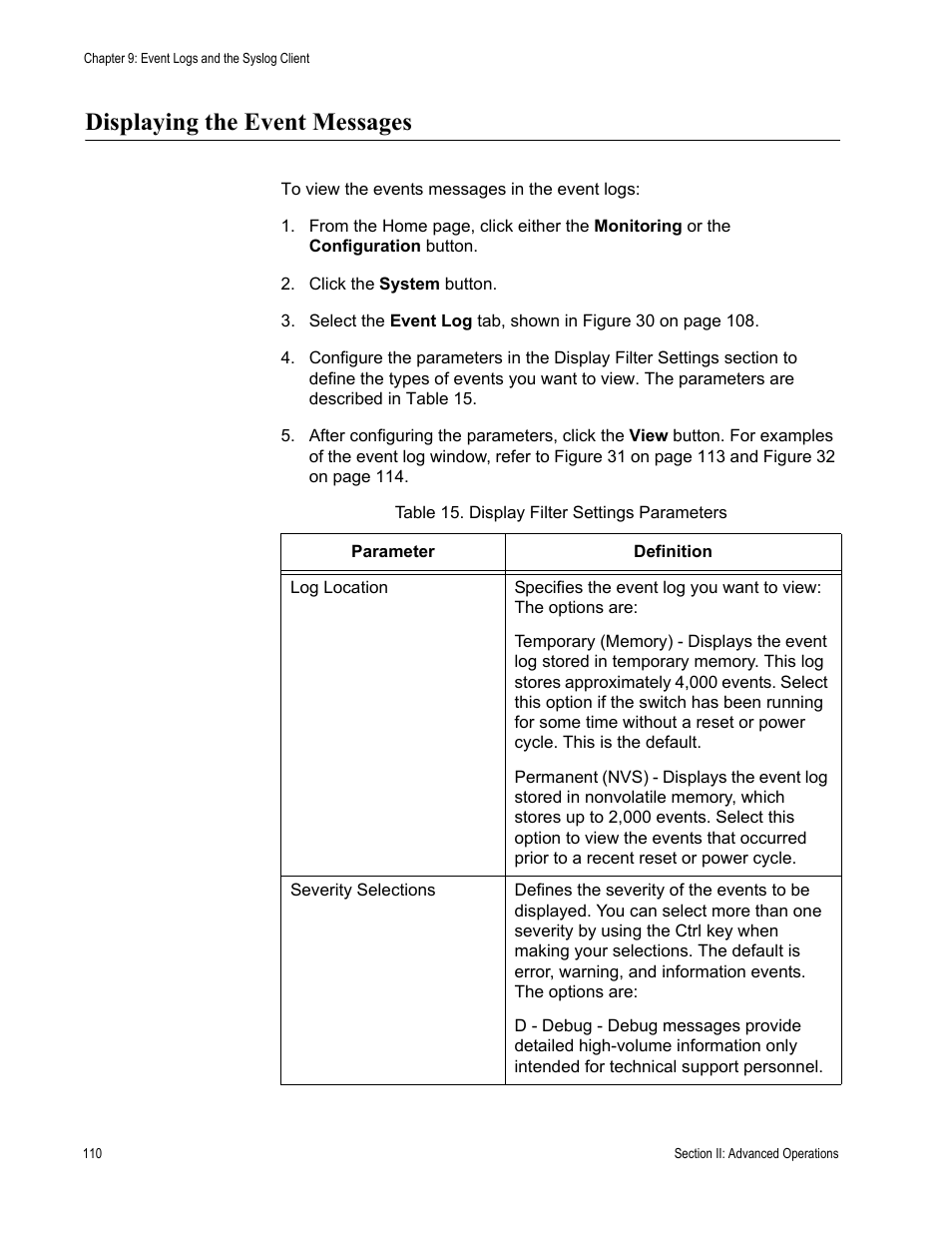 Displaying the event messages, Table 15: display filter settings parameters | Allied Telesis AT-S63 User Manual | Page 110 / 246