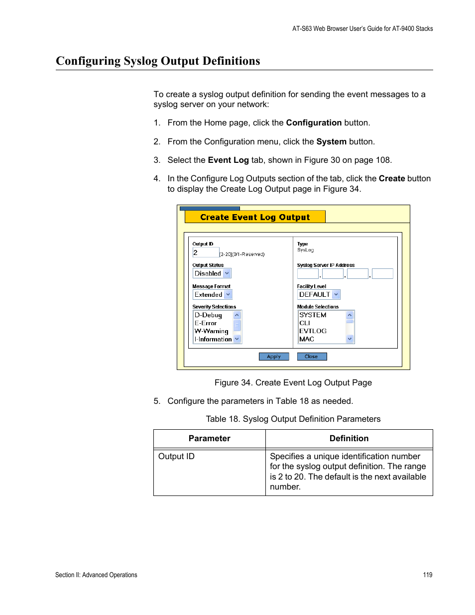 Configuring syslog output definitions, Table 18: syslog output definition parameters | Allied Telesis AT-S63 User Manual | Page 119 / 246