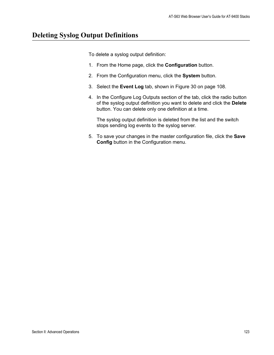 Deleting syslog output definitions | Allied Telesis AT-S63 User Manual | Page 123 / 246