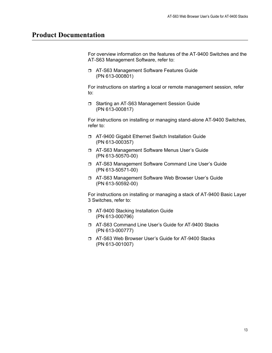 Product documentation | Allied Telesis AT-S63 User Manual | Page 13 / 246