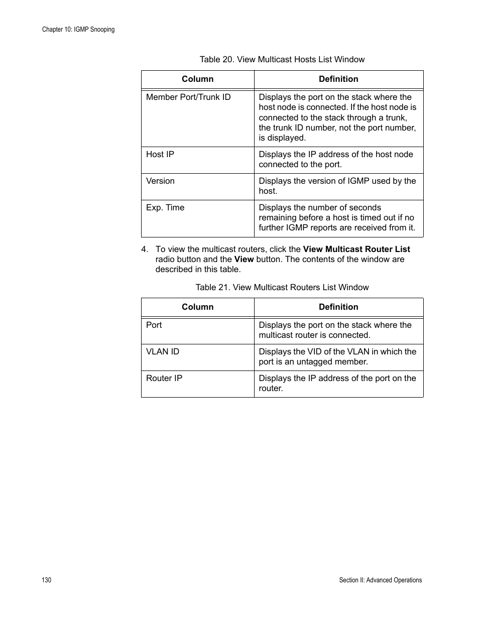 Table 21: view multicast routers list window | Allied Telesis AT-S63 User Manual | Page 130 / 246