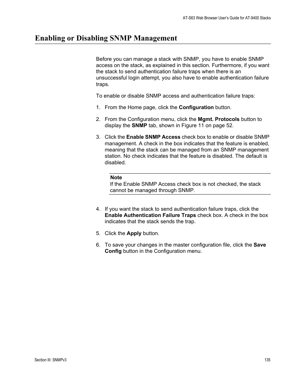 Enabling or disabling snmp management | Allied Telesis AT-S63 User Manual | Page 135 / 246