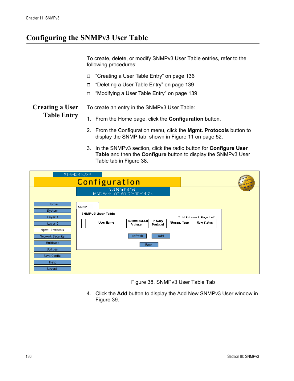 Configuring the snmpv3 user table, Creating a user table entry, Figure 38: snmpv3 user table tab | Allied Telesis AT-S63 User Manual | Page 136 / 246